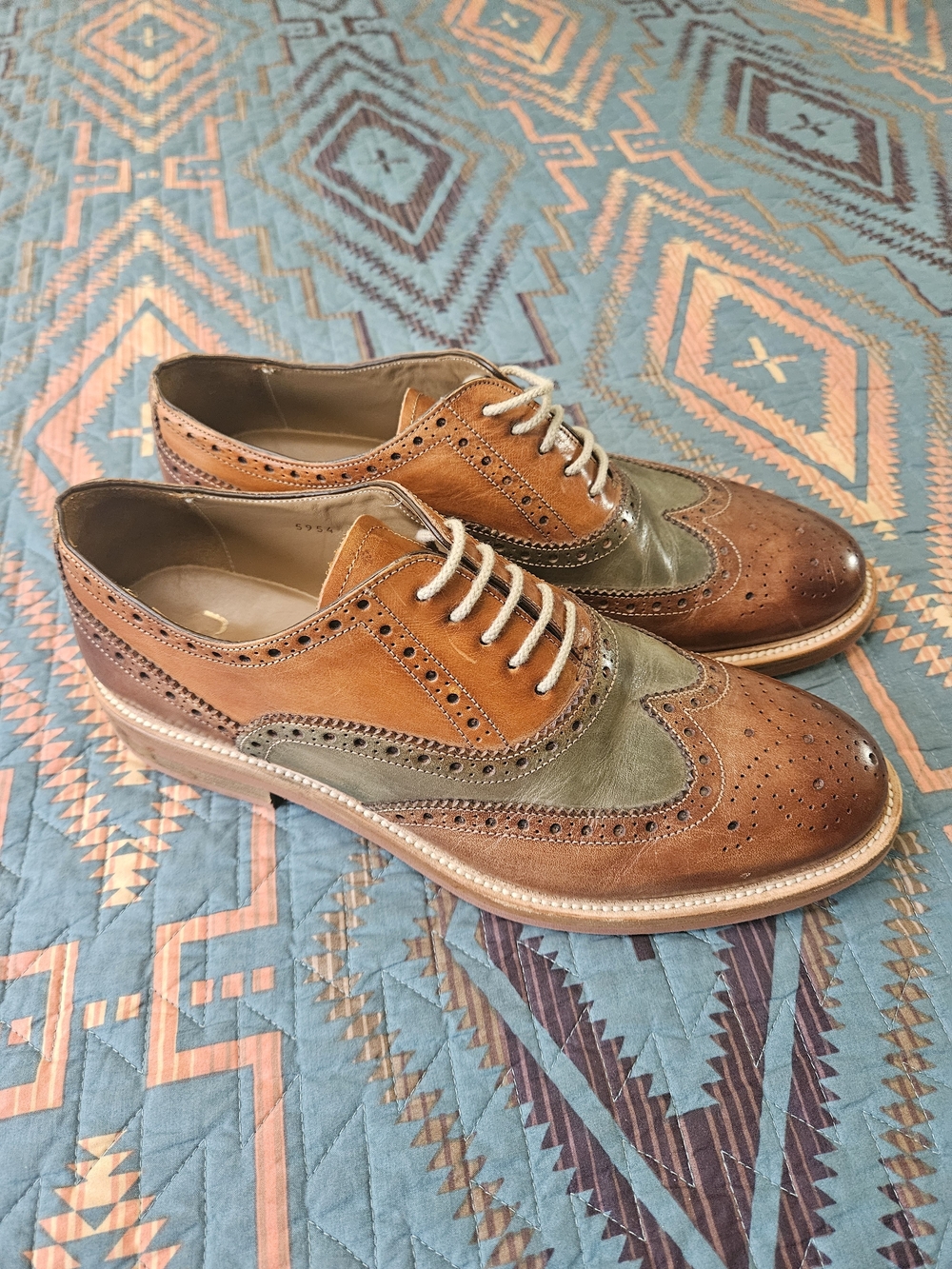 Two-Tone Brown & Olive Leather Wingtip Derbys